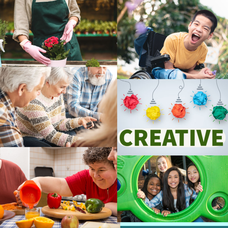 collage of older people and adults and children with disabilities enjoying activities